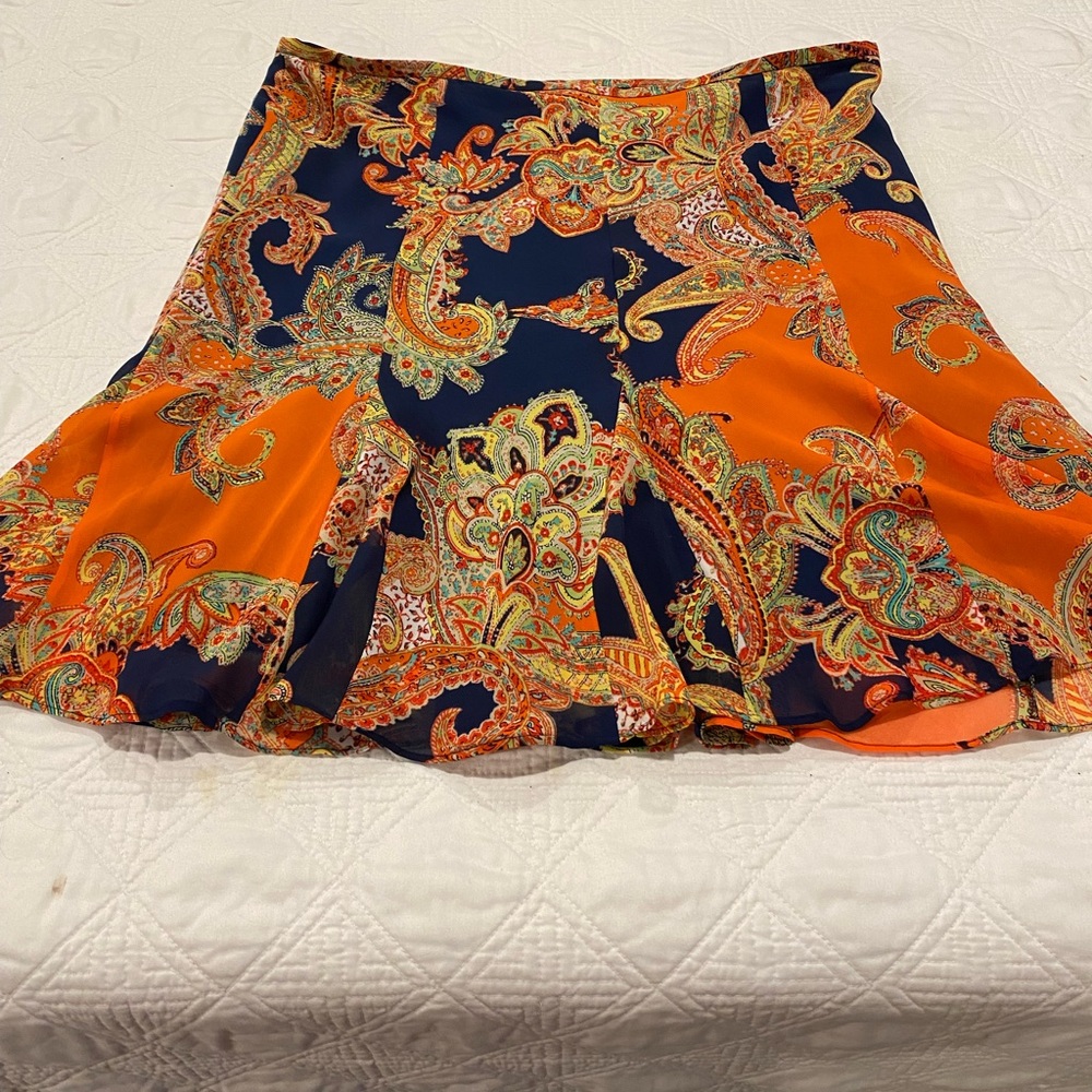 Lauren Ralph Lauren Paisley Skirt Sz 16 fully lined side zip extra dark navy - Picture 4 of 11